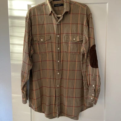 Camisa masculina Daniel Cremieux grande flanela macia listrada marrom cotovelo remendos - Imagem 1 de 4