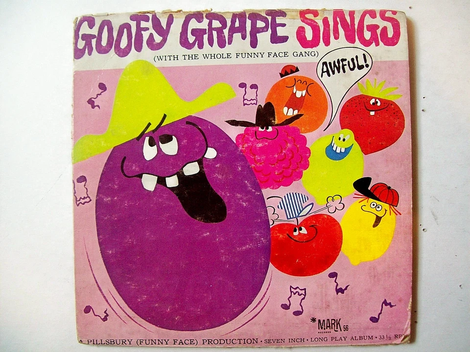 Mini LP "Goofy Grape Sings" + seis tazas Pillsbury Funny Face Drink Mix años 60 RARO Foto 1 de 4