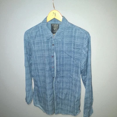 GUESS Los Angeles Men’s Button-Up Long Sleeve Shirt – Blue Textured Plaid, Size - Image 1 of 4