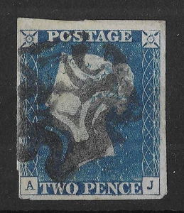 GB 1840 2d blau 4 Rand gebraucht beschriftet A-J - Bild 1 von 2