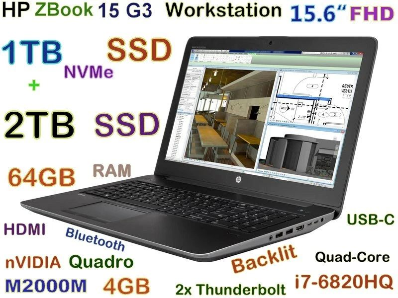 Workstation HP ZBook 15 G3 i7-Quad FAST 3TB SSD 64GB 15.6" Quadro M2000M 4GB - Image 1 of 4