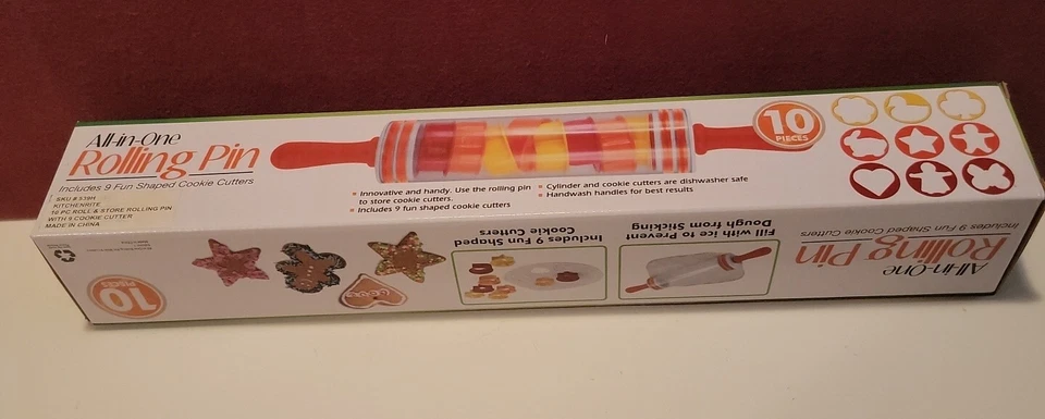 All-in-One Fillable Rolling Pin w/ 9 Plastic Cookie Cutters Roll & Store NEW — 第 1/4 张图片