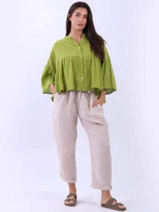 Plain Button Down Chic Ruffle Blouse Cotton Pleated Waist Peplum Crop Top 1 Size - Picture 1 of 4