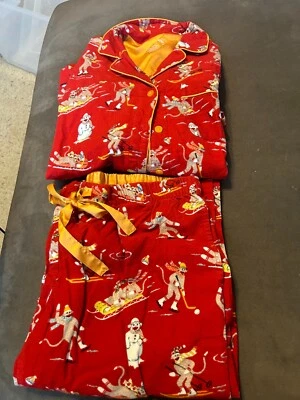 NICK AND NORA SMALL Y2K SOCKMONKEY MONKEYS WINTER FUN SKI ORANGE FLANNEL SET -13 - Image 1 of 4