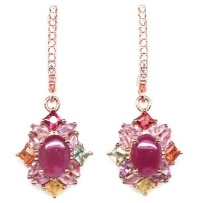 Prata esterlina 925 5 x 7 mm. Brincos de safira rosa rubi e cor extravagante - Imagem 1 de 4
