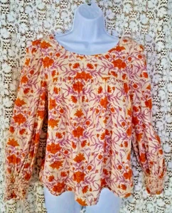 Universal Thread Lg orange Blumen Babydoll Boho Bauern Langarm gesmoktes Bündchen - Bild 1 von 9