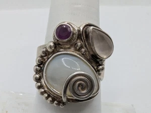 Anello Vintage SAJEN Argento Sterling 925 Rubino Calcedonio Quarzo Trasparente 8,75 - Foto 1 di 9