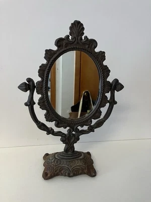 Espejo de tocador de pie antiguo de hierro fundido giratorio con bisagras ornamentado ¡Tan bonito! Foto 1 de 4