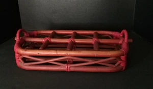 Vintage Woven Rattan & Wood Beverage Serving Tray With Glasses Slots - Picture 1 of 7