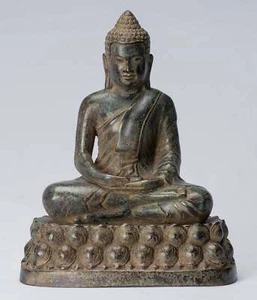 Buddha - Antica statua Buddha da meditazione in bronzo seduto stile Khmer - 25 cm/10" - Foto 1 di 12
