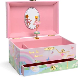 Girl'S Musical Jewelry Storage Box with Pullout Drawer, Rainbow and Gold Foil De - Picture 1 of 7