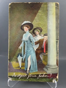 Cartolina d'epoca edoardiana RISQUE SHOWING LEG con GARTER è in buona forma John? 1908 - Foto 1 di 8