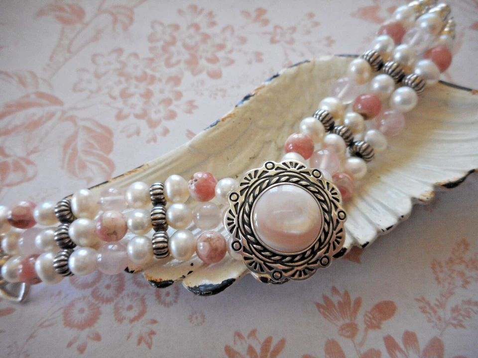 Carolyn Pollack Oxidized Sterling Silver MOP Pink Quartz Bead Bracelet  42CPC - Image 1 of 4