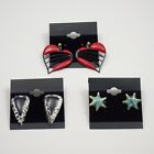 3 Pairs   Retro Earrings   Vented Hearts Splatter Triangles Gold And Teal Stars
