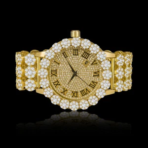 Mens Genuine Diamond Yellow Gold Custom Flower Roman Dial Numerical Watch W/Date - Picture 1 of 4
