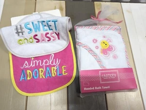 Carter's Baby Hooded Towel 2Bibs Sweet Sassy Simply Adorable Gift Set Boy Girl - Picture 1 of 7