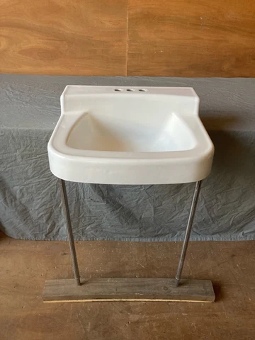 Vtg Cast Iron White Porcelain Sink Chrome Bras Legs Mid Century Bathroom 272-22E Cover
