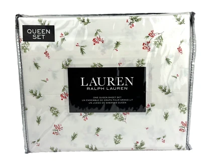 Ralph Lauren QUEEN Sheet Set Holiday Red White Green Christmas Holly Berry - Image 1 of 4