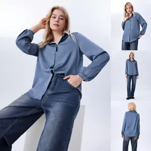 Women Solid V-Neck Long Sleeve T-Shirt Tops Ladies Casual Office Loose Blouse US - Picture 1 of 14