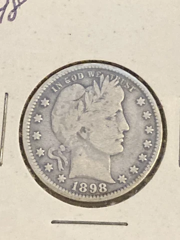 1898 U. S. Quarter Dollar, Barber silver coin, no mint mark Cover