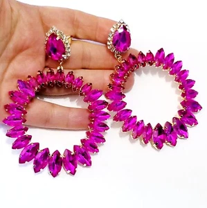 CLIP ON Earrings Rhinestone Crystal Oversized Pink Drop Dangle Chandelier 4 inch - Picture 1 of 14