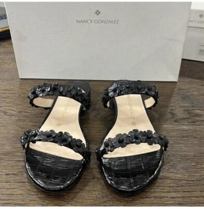 NANCY GONZALEZ Flor Frida Dos Correas Cuero de Cocodrilo Deslizable Sandalia 38.5 NUEVA - Imagen 1 de 7