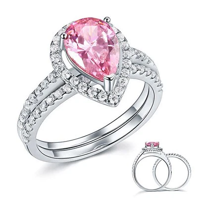925 Silver 2 Carat Pink Pear Cut Halo Simulated Diamond Wedding Bridal Ring Set - Image 1 of 4