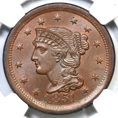 1851 N-15 R-4 NGC MS 65 BN Braided Hair Large Cent Coin 1c - Image 1 of 3