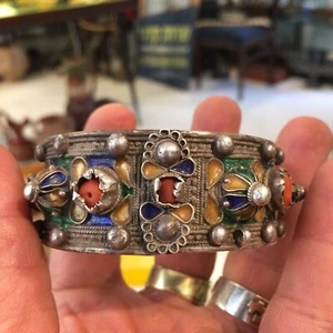 Antikes algerisches Berber Silber Koralle Halskette Emaille Armband 19. Jh. Hand - Bild 1 von 12