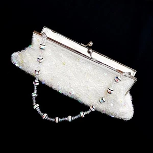 Borsetta Borsa da Sera Clutch Clutsch Portamonete Perlenstrickerei Bianco - Picture 1 of 4