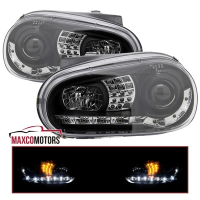 Black LED Strip Projector Headlights Fits 1999-2002 VW Cabrio 99-06 Golf MK4 L+R - Изображение 1 из 4