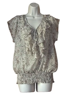 Punkte Damen Bluse beige bunt Blumen Glitzerfaden Rüschen Bindeband V-Ausschnitt XL - Bild 1 von 8