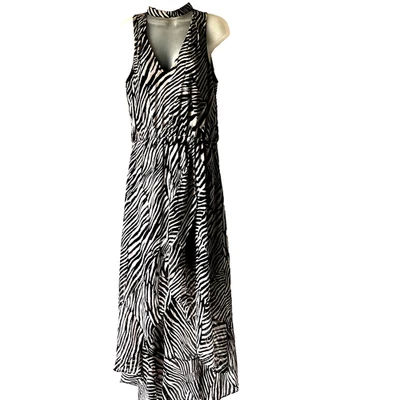 Vestido midi falda con volantes cuello gargantilla envolvente imitación cebra WHBM talla 12 Foto 1 de 4