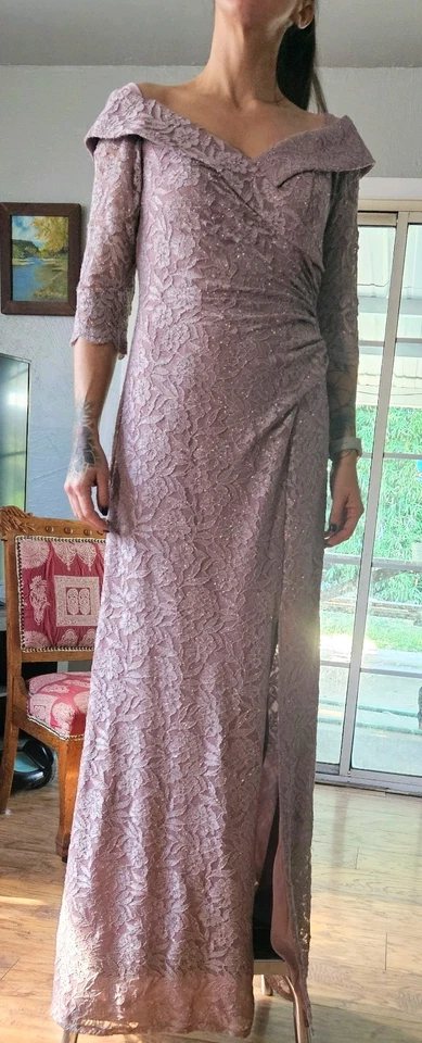 Olega Cassini form Fitting V-Neck Glitter Lavender/Mocha Lace Dress Size 6 MOB/ - Image 1 of 4