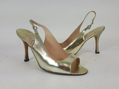Manolo Blahnik Gold Leather Open Toe Slingback High Heel Sandals Shoes Size 38 - Image 1 of 4