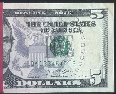 $5 DOLLAR BILLS FULL COMPLETE BEP STRAP 100 CONSECUTIVE $500 FACE VALUE 2021 - Image 1 of 4