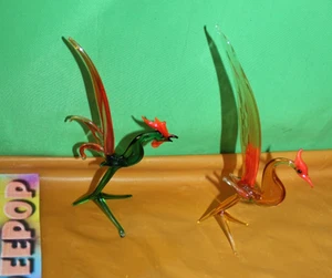 Pair Of Vintage Estate Hand Blown Glass Bird Rooster Art Sculpture Figures - Picture 1 of 6