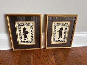 Two framed cut silhouettes children music instruments - 9" x 11" wall decor
