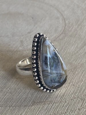 Vintage Style Montana Agate Ring Size R 1/2 Sterling Silver 925 Plated Bohemian - Image 1 of 4