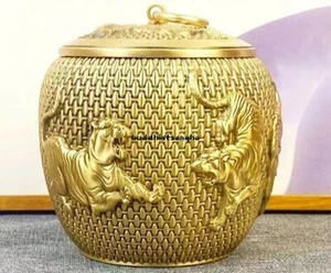 Copper Carved Animal Tiger Jar Tea Coffee Powder Storage Box Decor - Picture 1 of 7