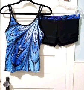 Womens BOHO 2pc SET Swimsuit Tankini Boy Shorts Small Black Blue Teal Shelf Bra - Picture 1 of 20