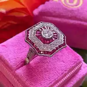 Art Deco Stil Lab-Created Diamant & Rubin Cocktail Ring 14K Weißgold Finish - Bild 1 von 13