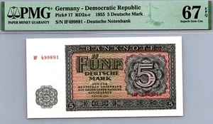 Germany 5 Mark 1955 P-17 PMG 67 EPQ – Fancy SN: Triple 9 + Lucky 8 – UNC AE18b - Picture 1 of 3