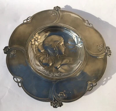 WMF Art Nouveau Silverplate Dish wall plaque decorated maiden with flowers - Image 1 of 4
