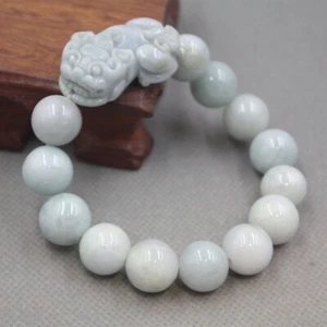 Real 100% A Grade Natural Jade/Jadeite Craved Pixiu 貔貅 Lucky Beads Link Bracelet - Picture 1 of 5