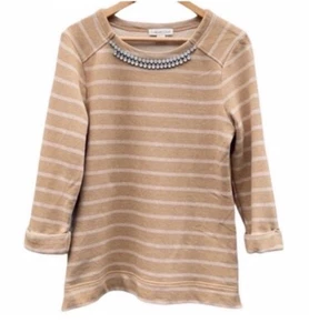 Coldwater Creek Sweater Cream Stripes Jeweled Studs Business Preppy Academia 6 - Picture 1 of 4