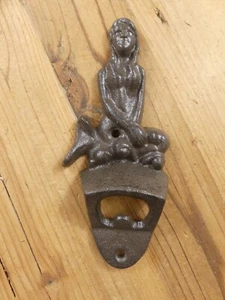 Mermaid Bottle Opener Rustic Cast Iron Wall Mounted Beer Pop Soda Nautical Bar - Picture 1 of 8