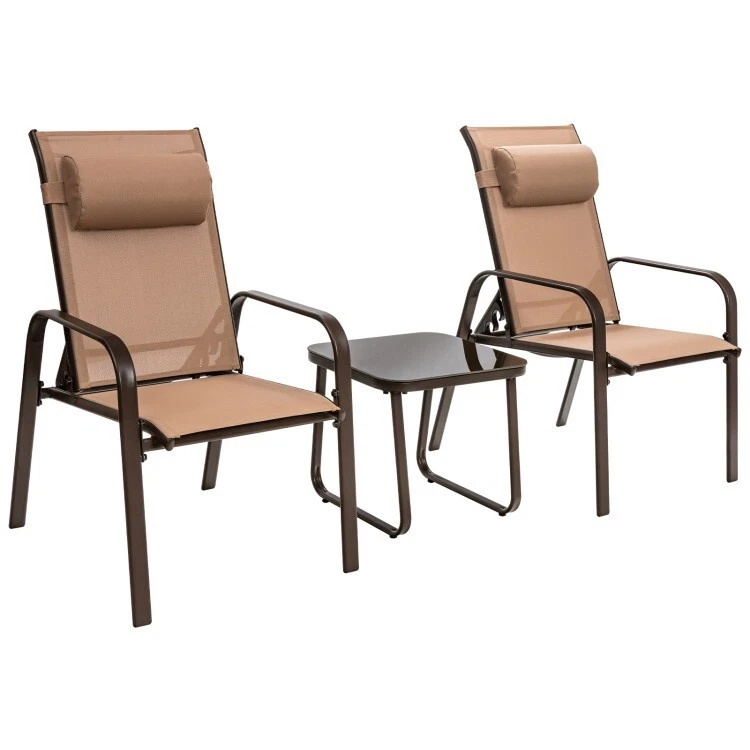 Costway 3PCS Patio Bistro Furniture Set Adjustable Back Stackable Chairs Brown