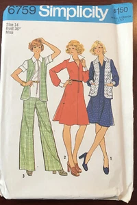Simplicity 6759 Schnittmuster Gr.14 ungeschnitten 1974 Brustweite 36 Kleid Top Weste Hose - Bild 1 von 8