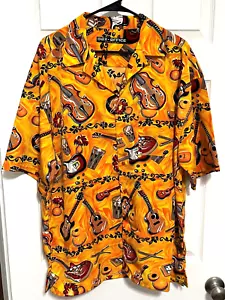 BOX OFFICE Island Men Orange Guitar Bongo Drum Short Sleeve Hawaiian Shirt XL - Picture 1 of 3